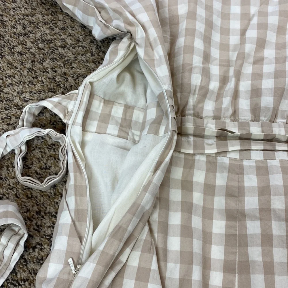 Anthropologie HD in Paris Beige Gingham Ribboned Poplin Dress - Picture 9 of 12